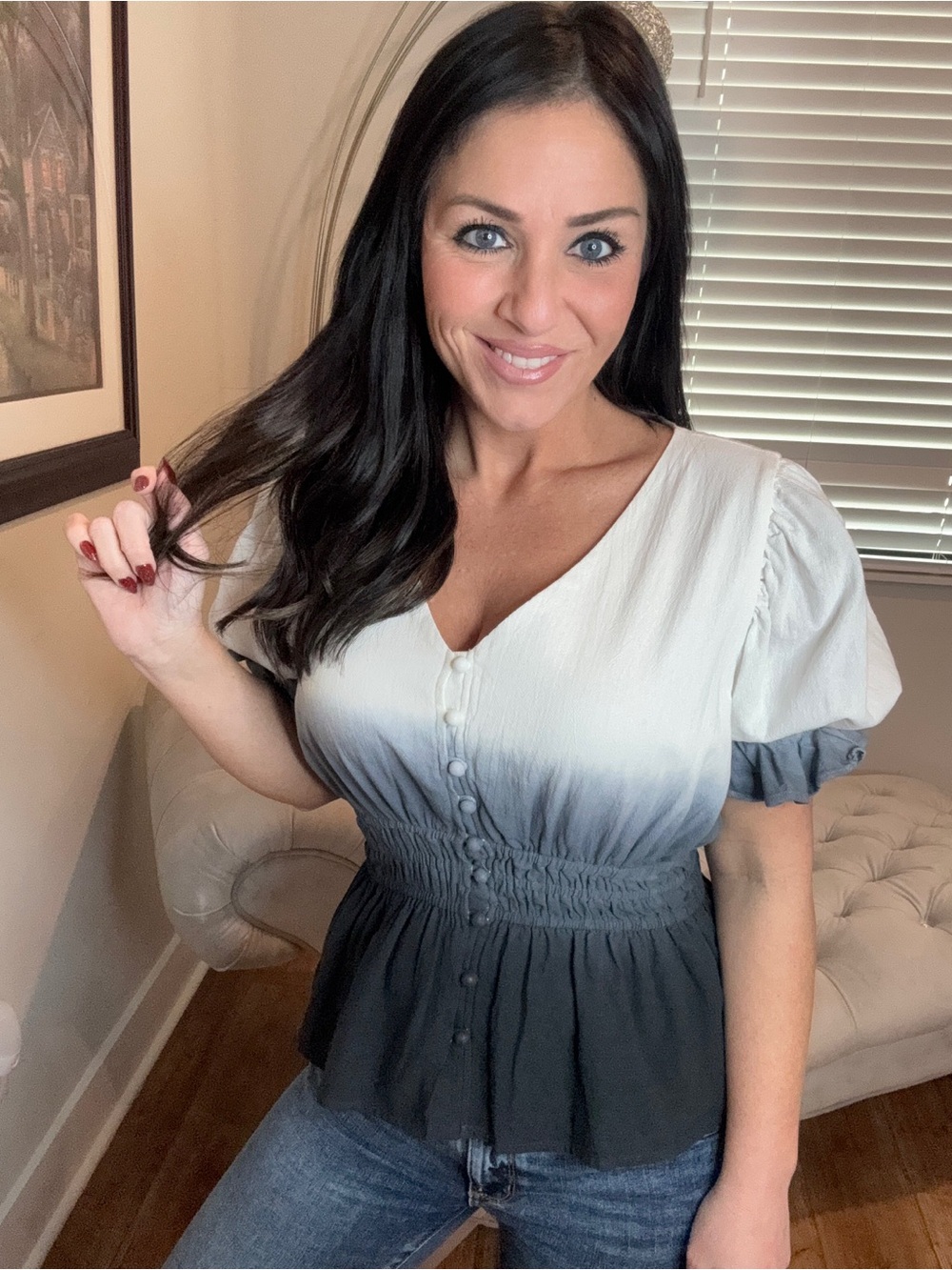 Ombre Puff-Sleeve Button Front Peplum Top - White to Gray